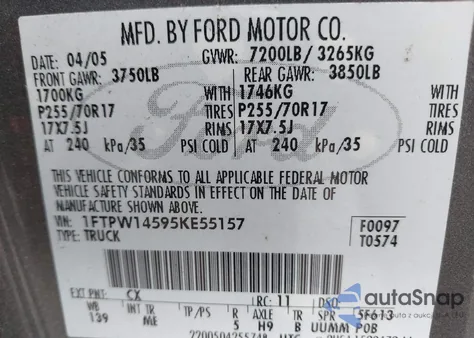 2005 Ford F-150 Fx4/Lariat/Xlt из США, поврежденный, VIN 1FTPW14595KE55157